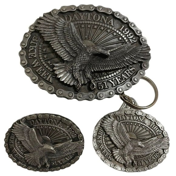 Rare 1992 Daytona Bike Week Pewter 3D Eagle Belt Buckle Keychain Vintage 90s